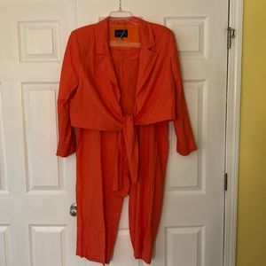 Eloquii Linen Blend Pants with Matching Cropped Tie Front Jacket